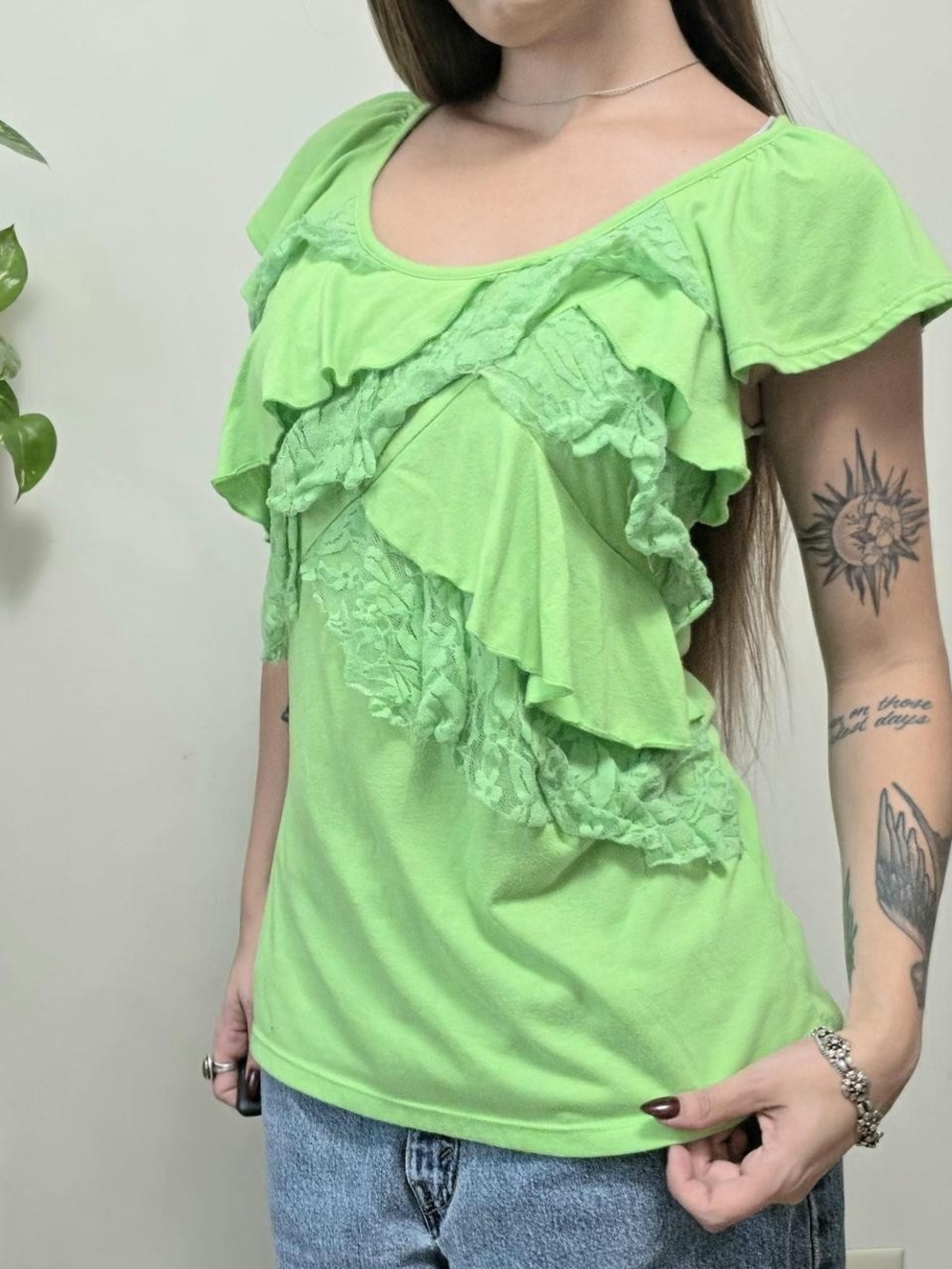 Y2K Lime Green Ruffle Lace Top